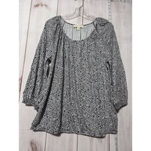 Michael Kors Blouse Womens Large Black White Logo Print 3/4 Sleeve Peasant Boho